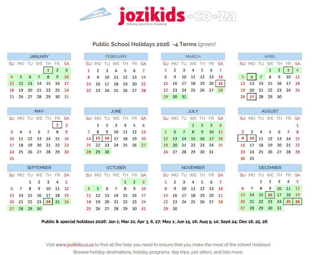 2026 Holidays 4 Terms Public